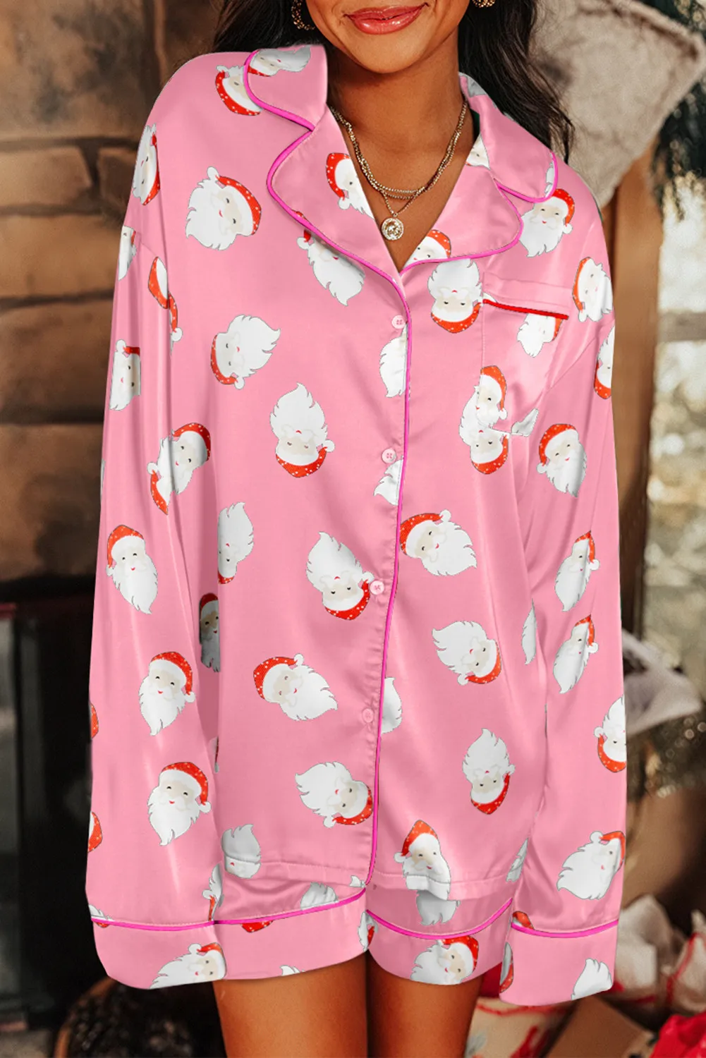 Santa Collared Neck Long Sleeve Top and Shorts Lounge Set - Image 4