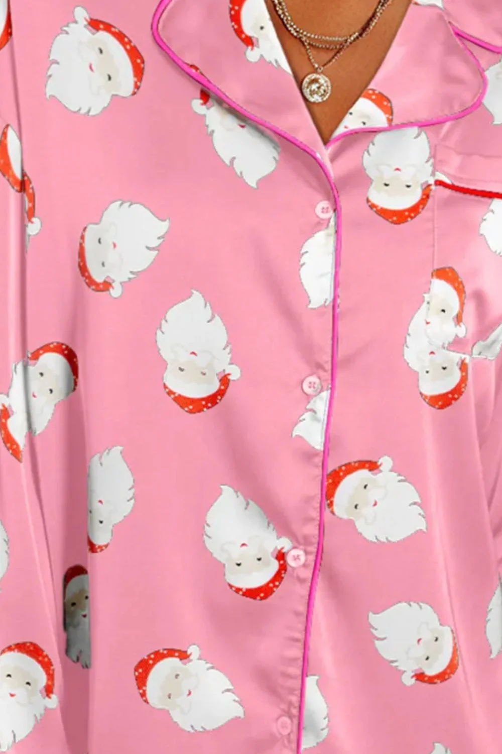 Santa Collared Neck Long Sleeve Top and Shorts Lounge Set - Image 6