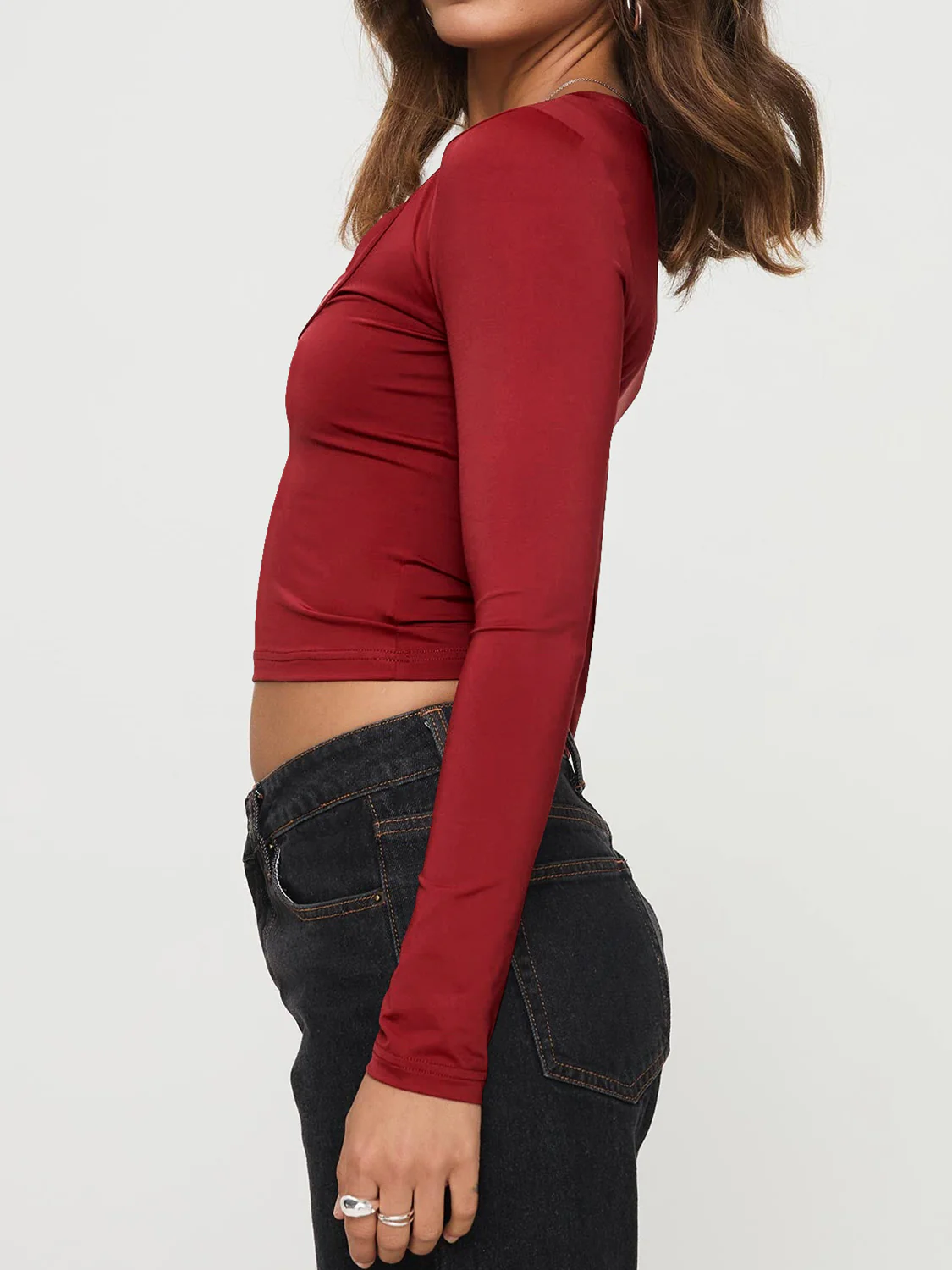 Scoop Neck Long Sleeve Cropped T-Shirt - Image 4