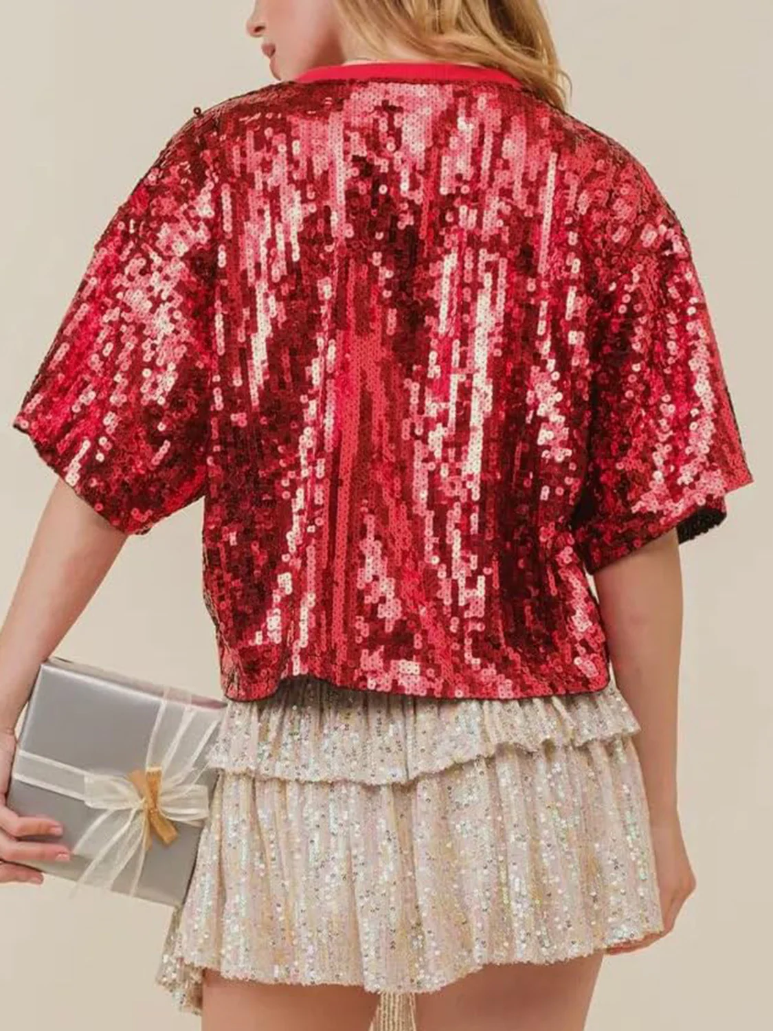 Sequin Bow Graphic Round Neck Half Sleeve T-Shirt - Image 2