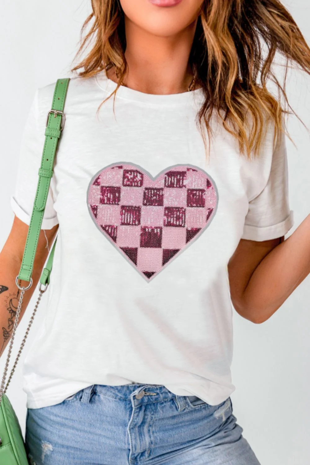 Sequin Checkered Heart Round Neck Short Sleeve T-Shirt - Image 3
