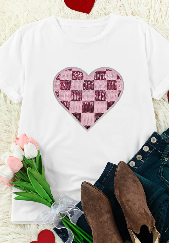 Sequin Checkered Heart Round Neck Short Sleeve T-Shirt - Image 5