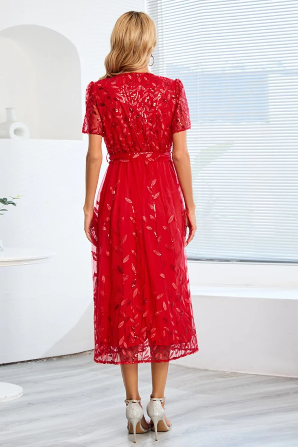 Sequin Leaf Embroidery Tie Front Short Sleeve Dress - Image 18