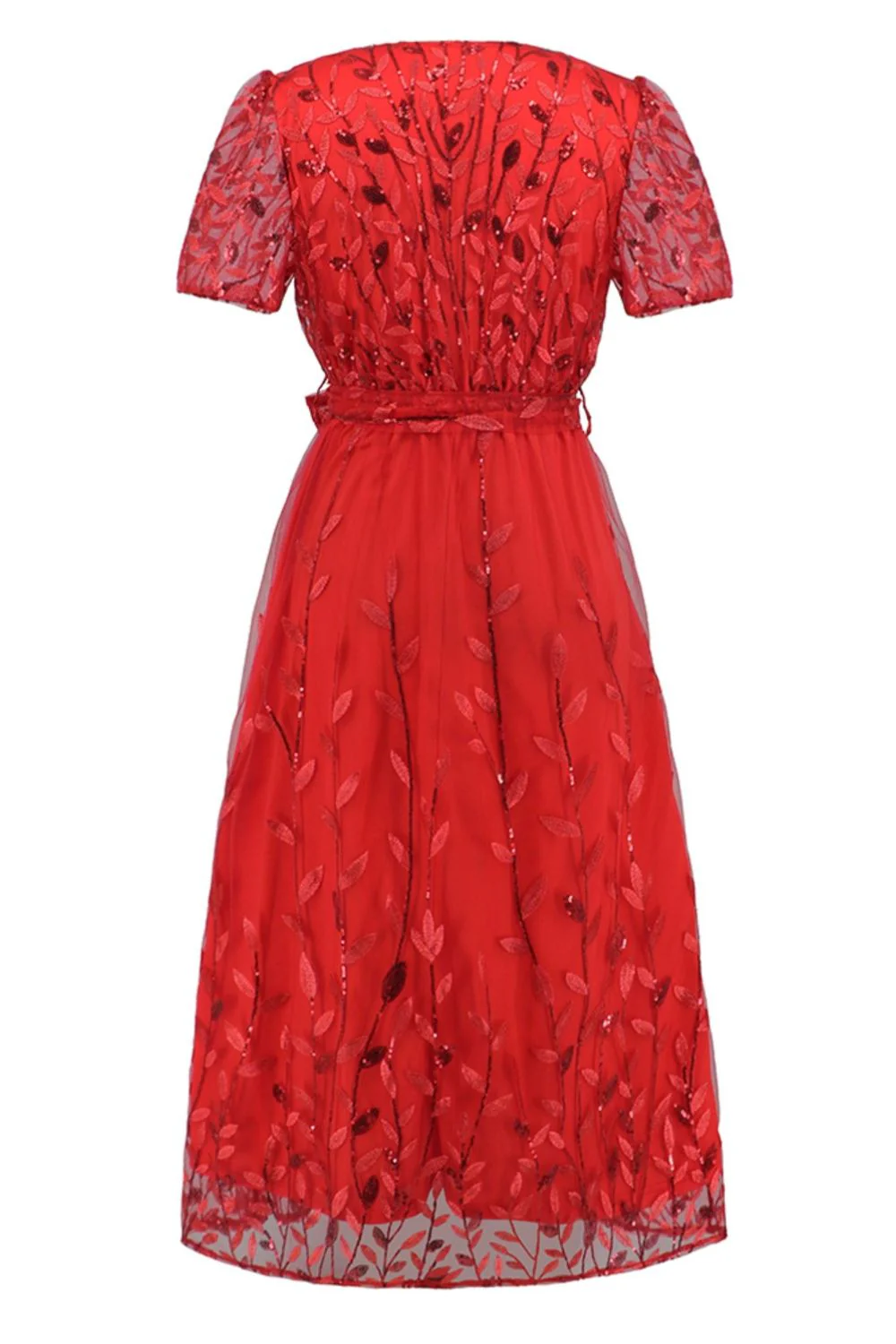 Sequin Leaf Embroidery Tie Front Short Sleeve Dress - Image 21