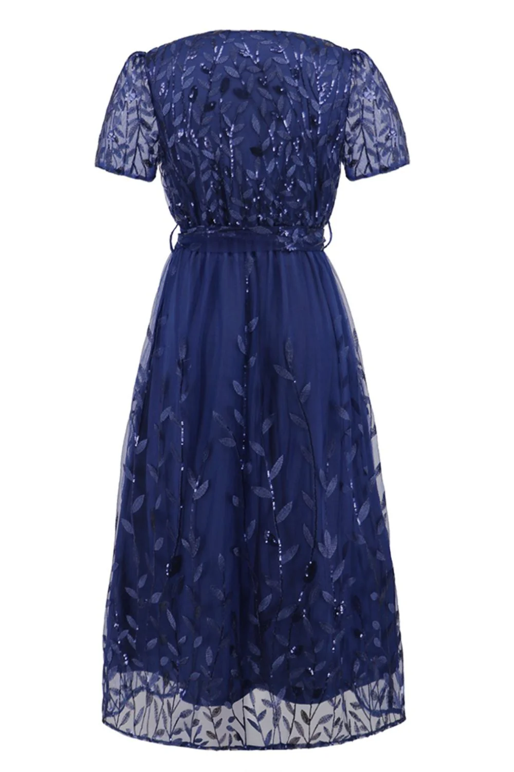 Sequin Leaf Embroidery Tie Front Short Sleeve Dress - Image 7