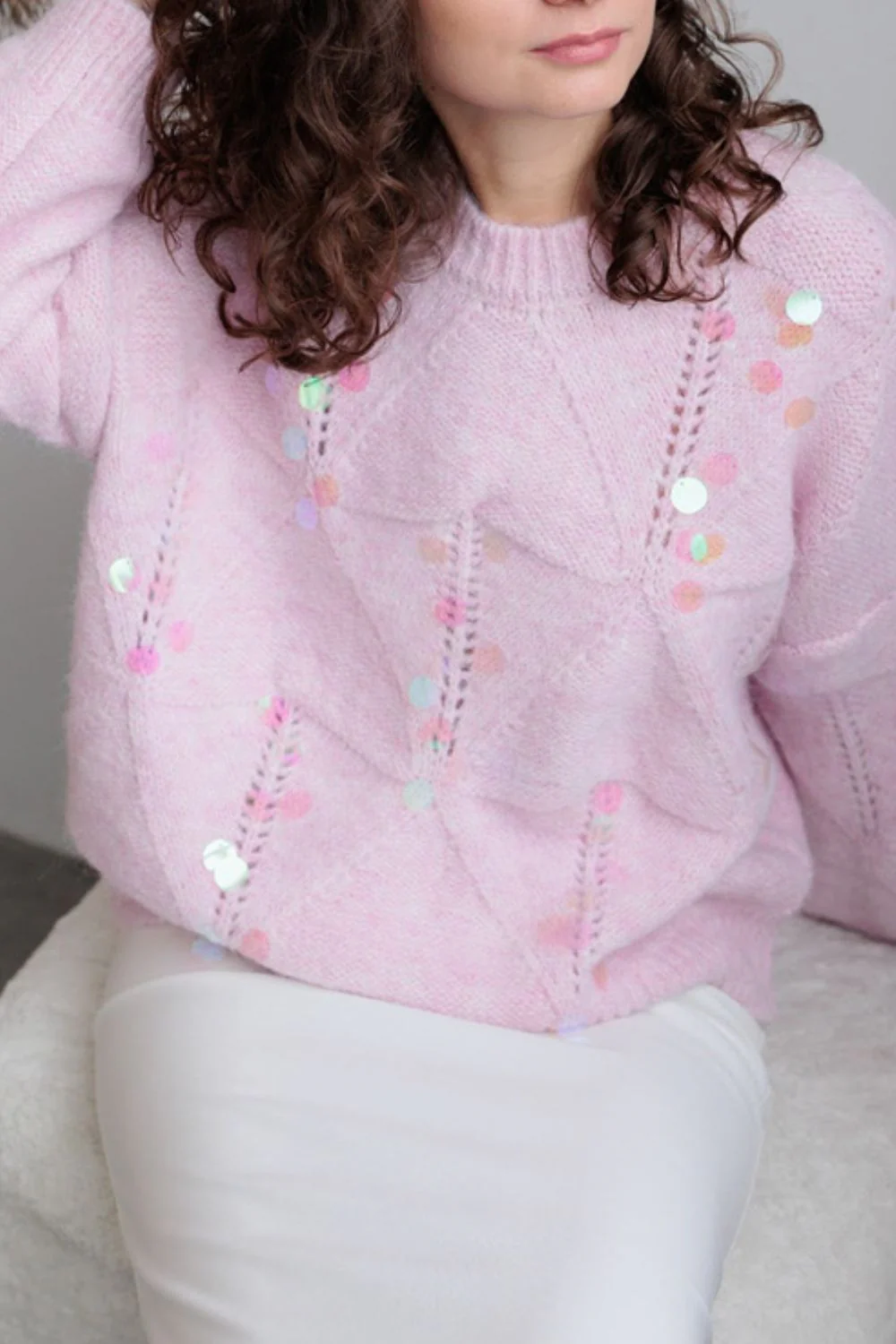 Sequin Round Neck Long Sleeve Sweater - Image 7