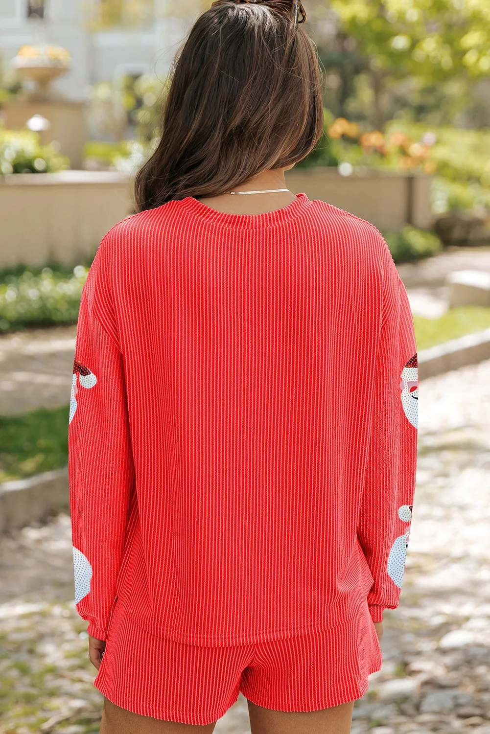 Sequin Santa Round Neck Long Sleeve Top and Shorts Set - Image 2