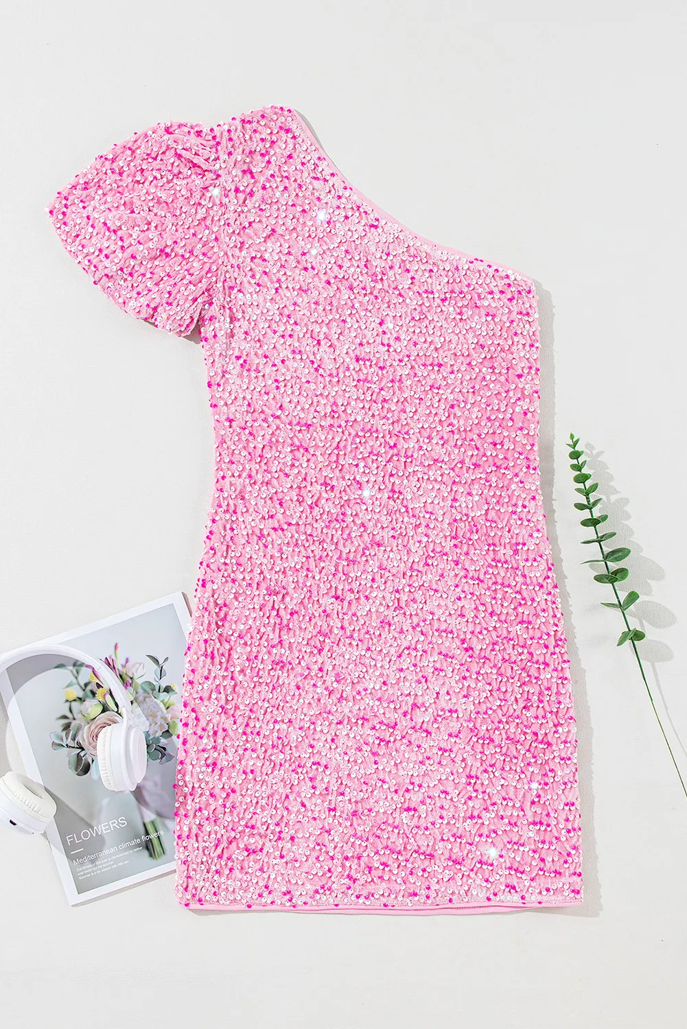 Sequin Single Shoulder Short Sleeve Mini Dress - Image 7