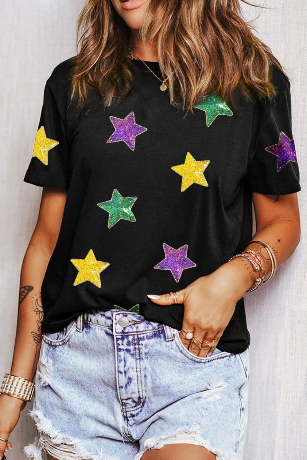 Sequin Stars Patched Round Neck T-Shirt - Image 2