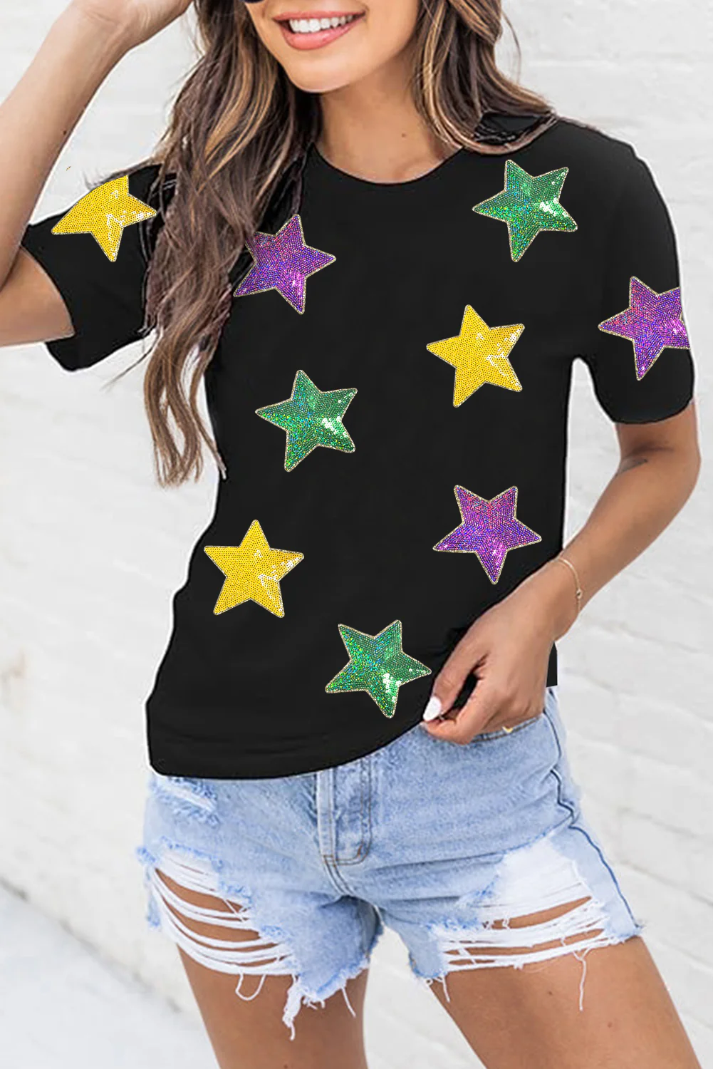 Sequin Stars Patched Round Neck T-Shirt - Image 4