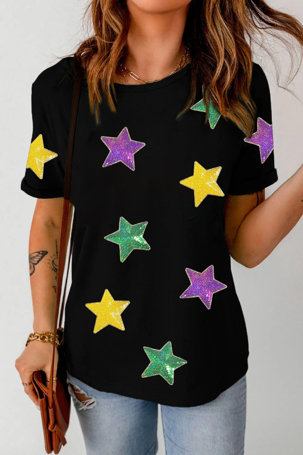 Sequin Stars Patched Round Neck T-Shirt - Image 5