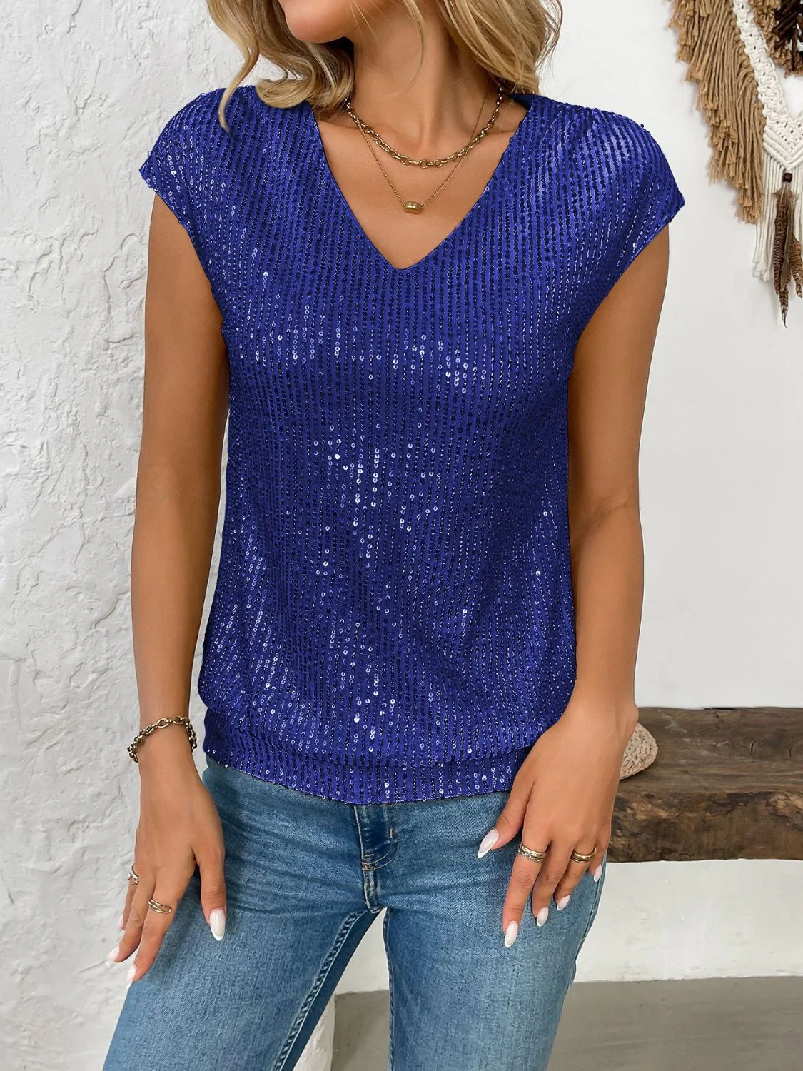 Sequin V-Neck Cap Sleeve Top - Image 13
