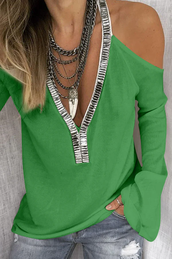 Sequin V-Neck Cold Shoulder Top - Image 7