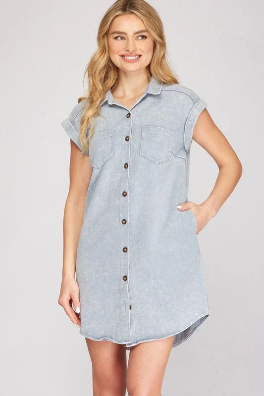 She + Sky Full Size Folded Cuff Button Down Washed Twill Shirt Dress Plus Size