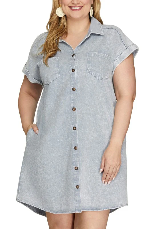 She + Sky Full Size Folded Cuff Button Down Washed Twill Shirt Dress Plus Size - Image 2