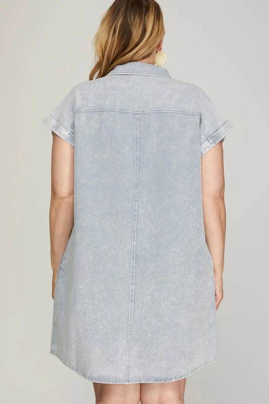 She + Sky Full Size Folded Cuff Button Down Washed Twill Shirt Dress Plus Size - Image 3