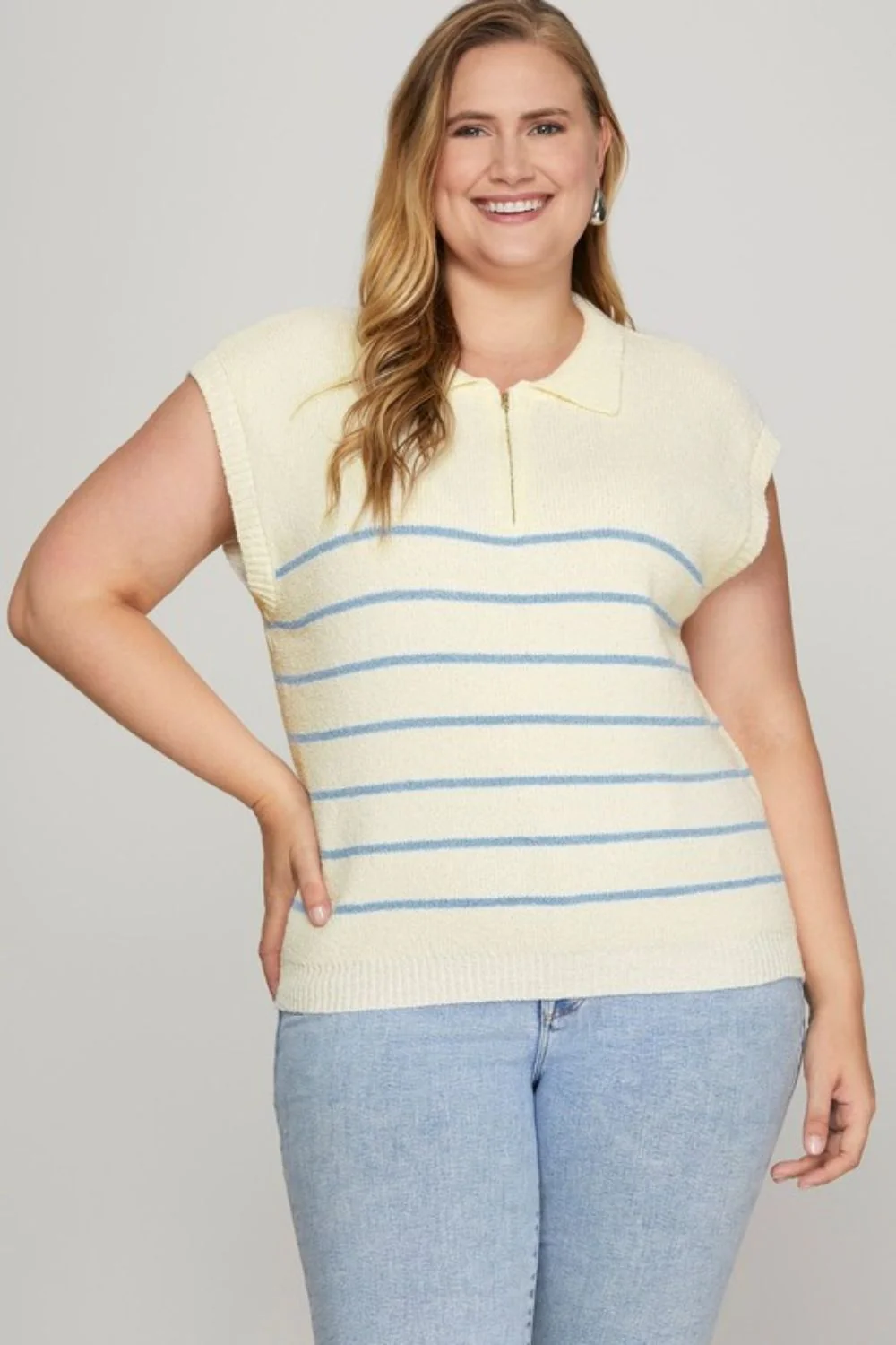 She + Sky Full Size Ribbed Hem Striped Half Zip Sweater Vest Plus Size - Image 2