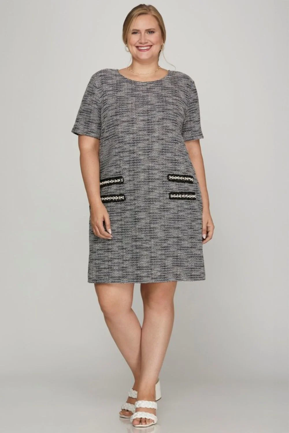 She + Sky Full Size Short Sleeve Pearl Studded Trim Knit Tweed Dress Plus Size - Image 2