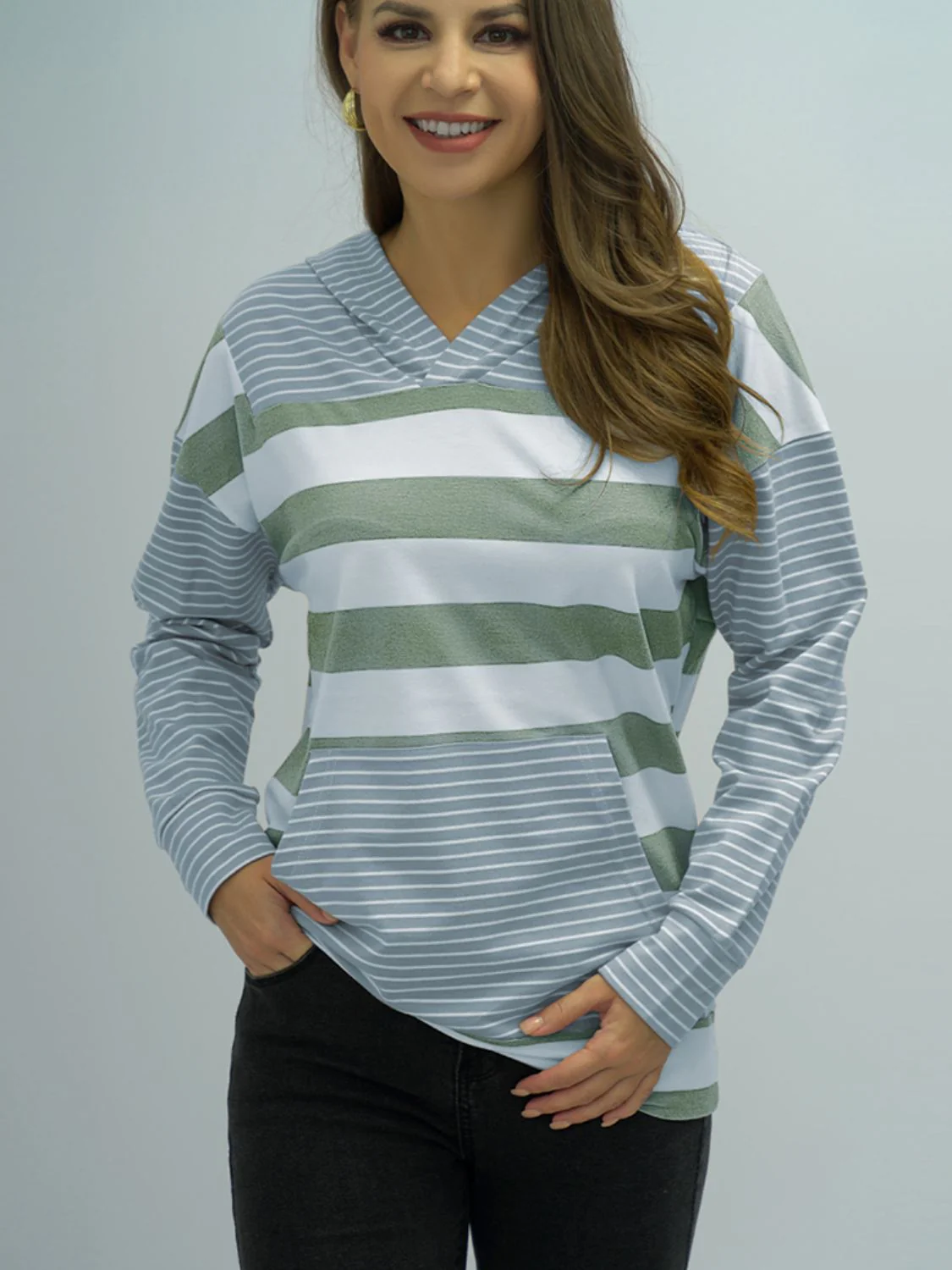 Shiny Full Size Striped Long Sleeve Hoodie - Image 4