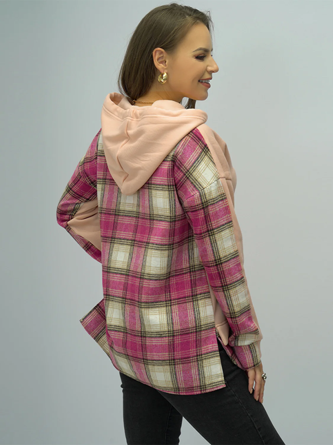 Shiny Plaid Drawstring Drop Shoulder Slit Hoodie - Image 2