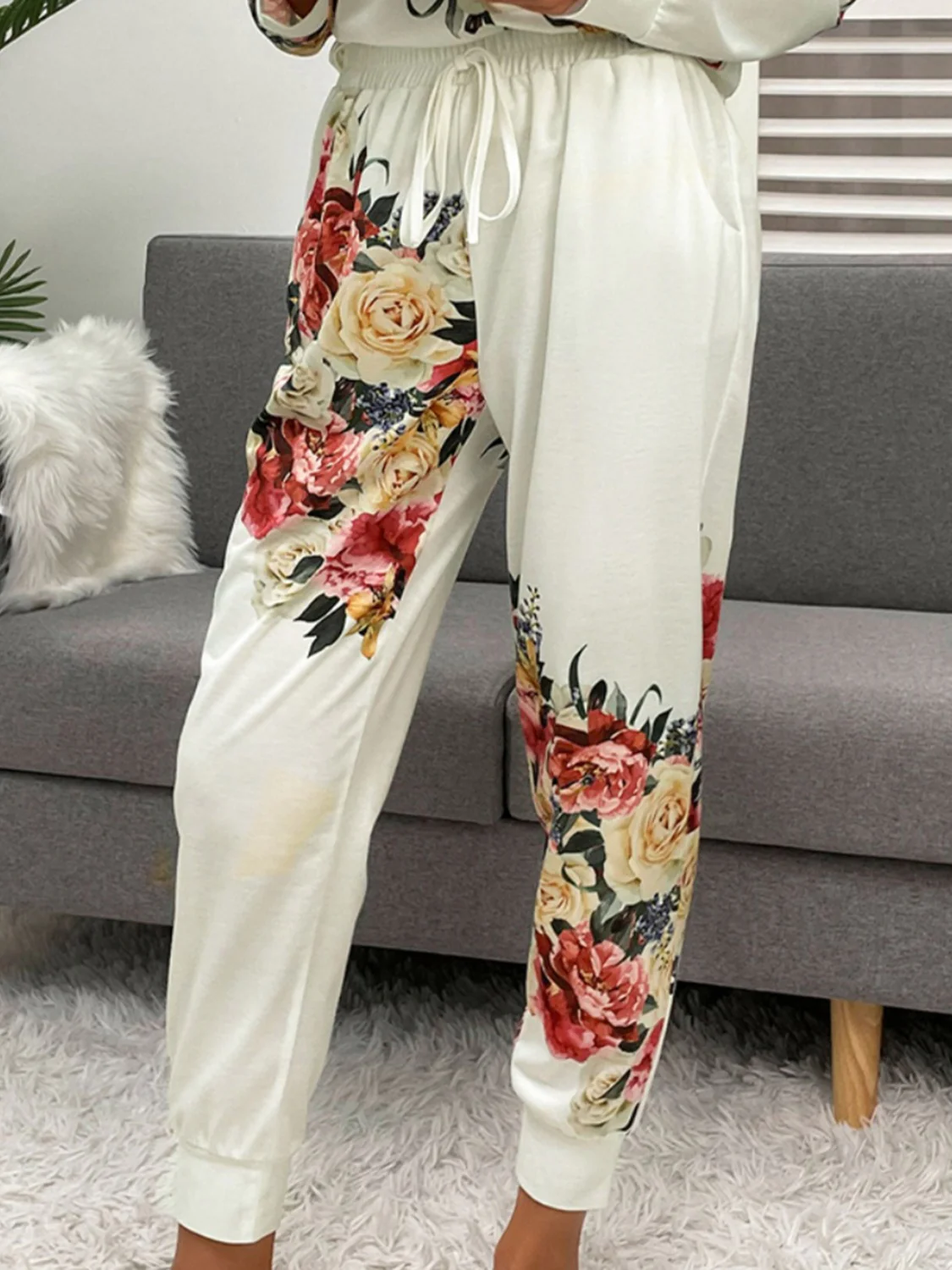 Shiny Printed Round Neck Top and Pants Lounge Set - Image 8