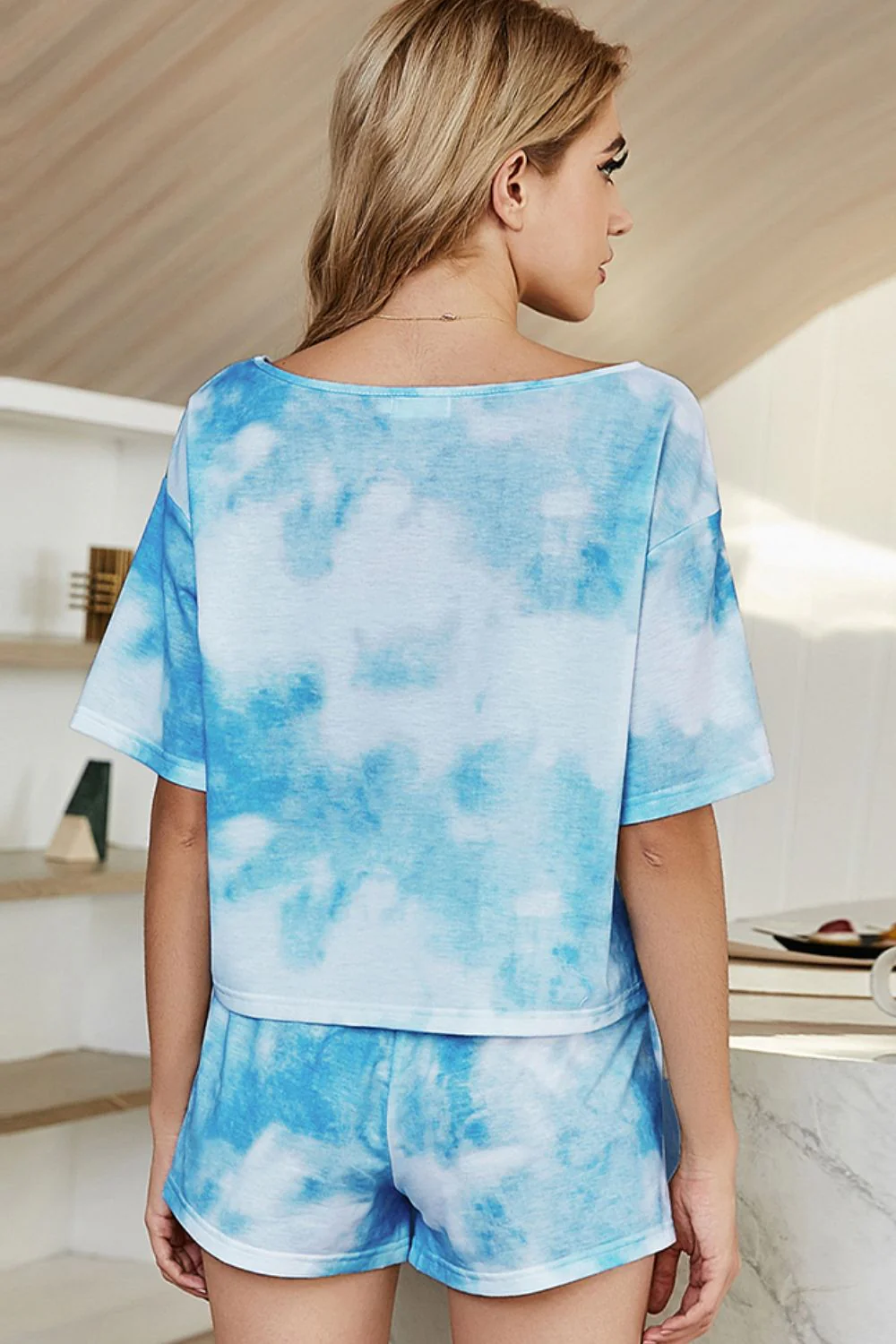 Shiny Tie-Dye Boat Neck Top and Shorts Lounge Set - Image 2