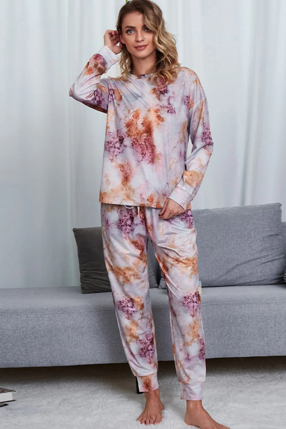 Shiny Tie-Dye Crewneck Top and Drawstring Waist Joggers Lounge Set - Image 10