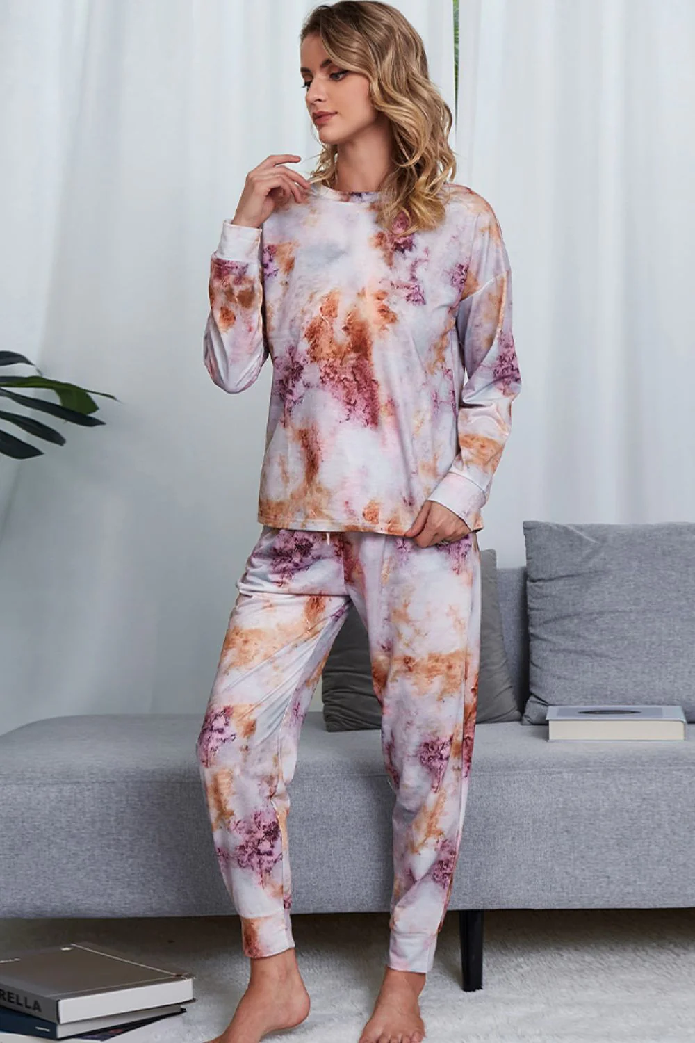 Shiny Tie-Dye Crewneck Top and Drawstring Waist Joggers Lounge Set - Image 11