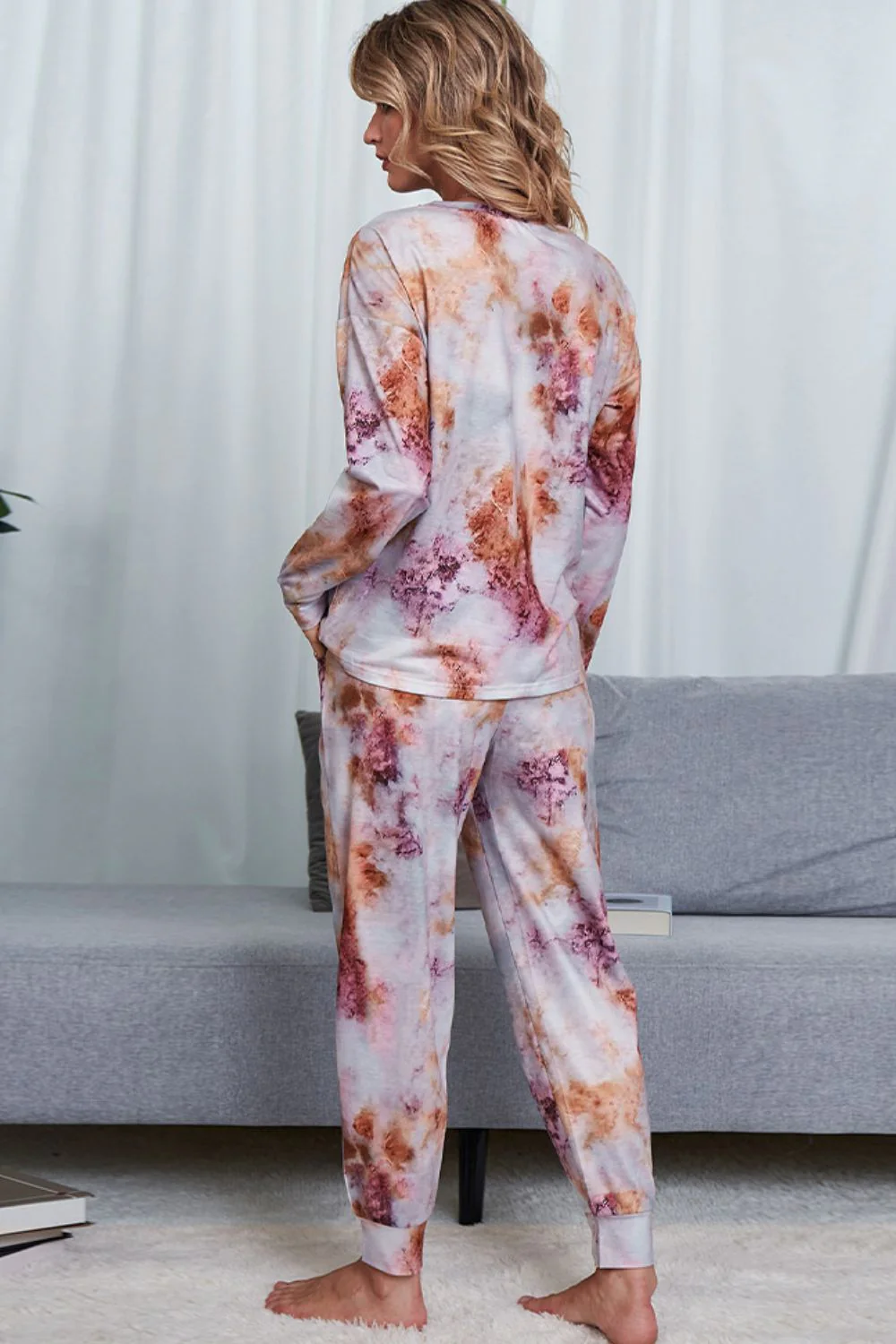 Shiny Tie-Dye Crewneck Top and Drawstring Waist Joggers Lounge Set - Image 12
