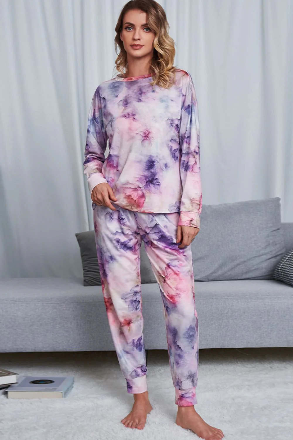 Shiny Tie-Dye Crewneck Top and Drawstring Waist Joggers Lounge Set - Image 13