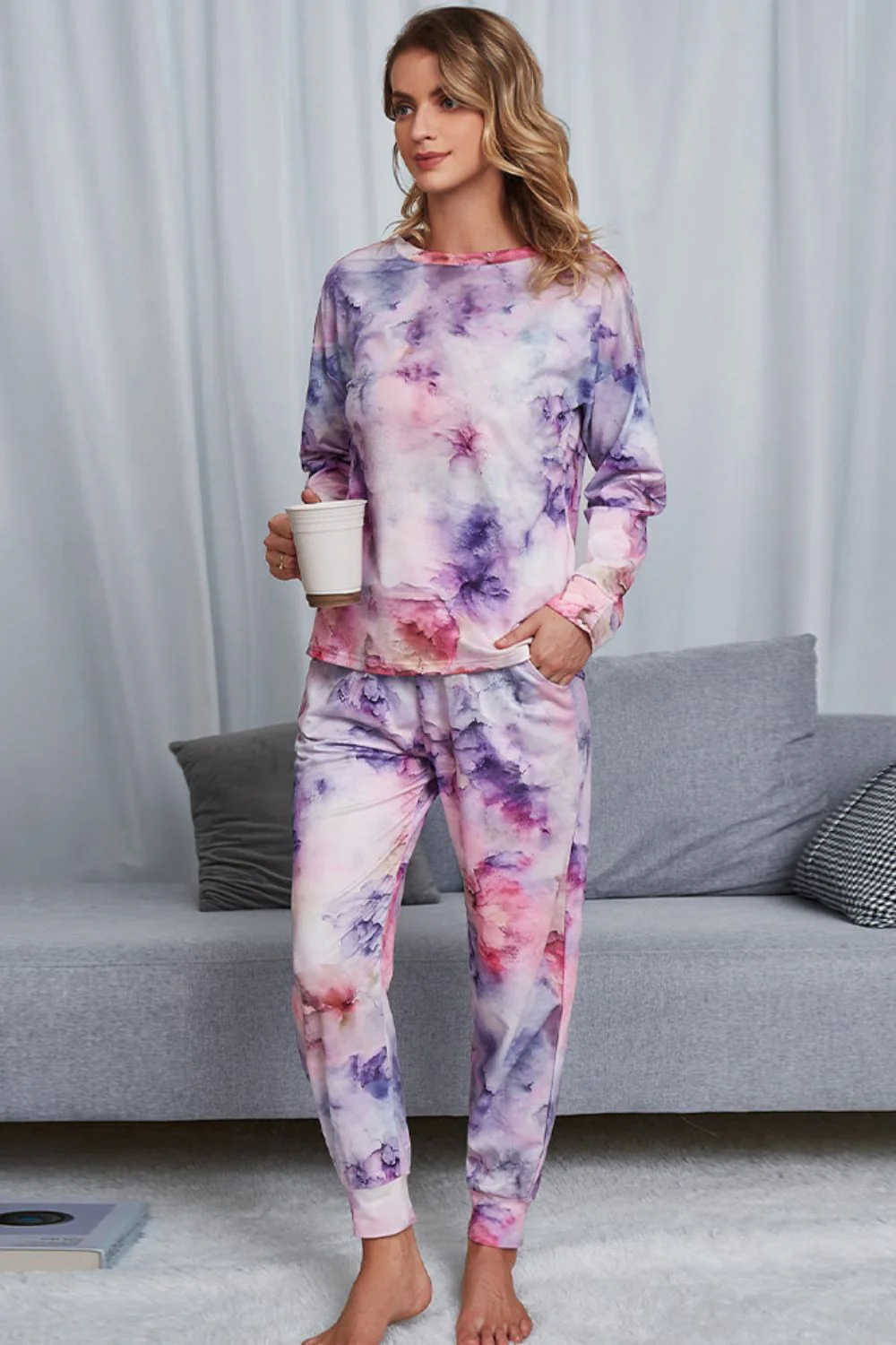 Shiny Tie-Dye Crewneck Top and Drawstring Waist Joggers Lounge Set - Image 14
