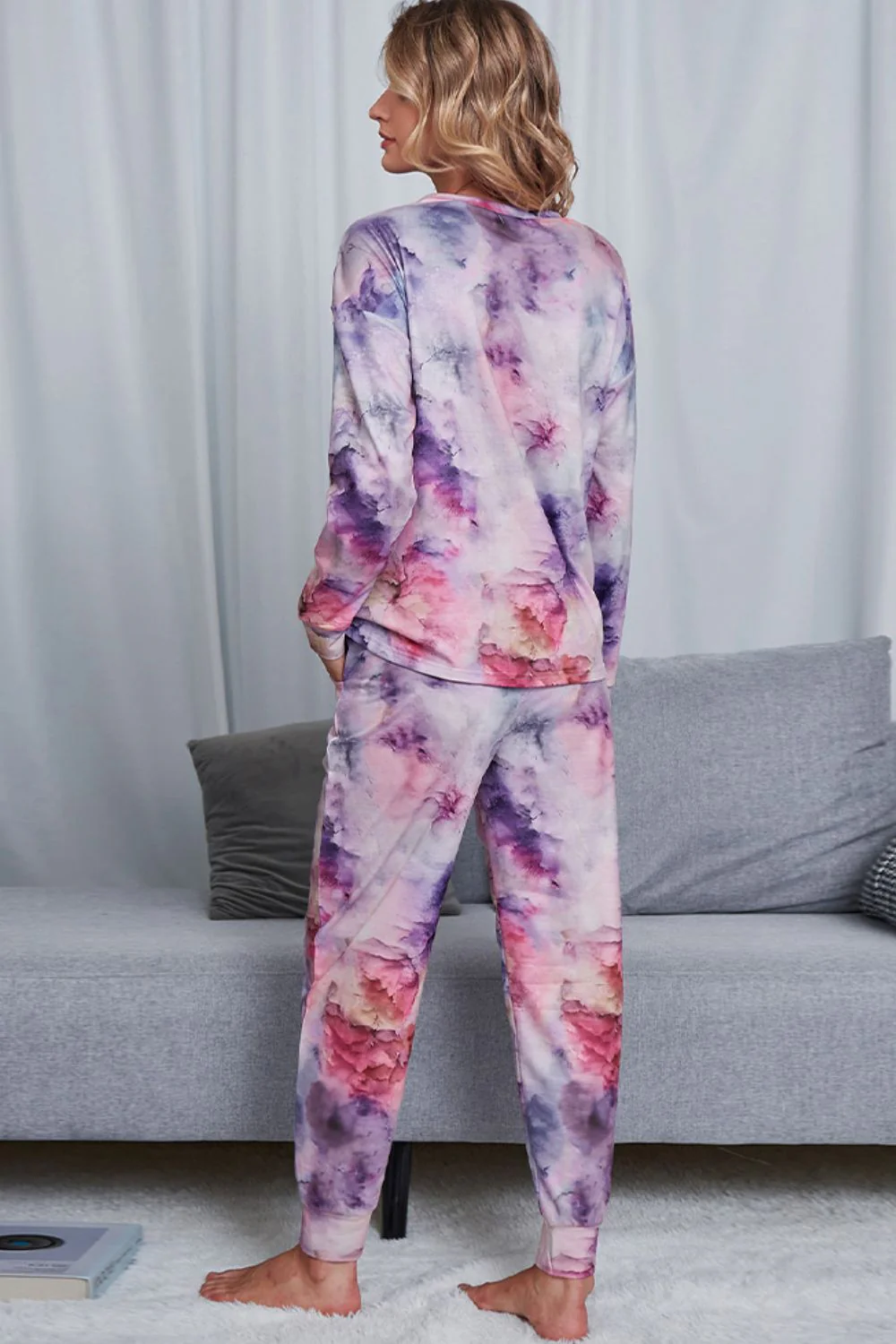 Shiny Tie-Dye Crewneck Top and Drawstring Waist Joggers Lounge Set - Image 15
