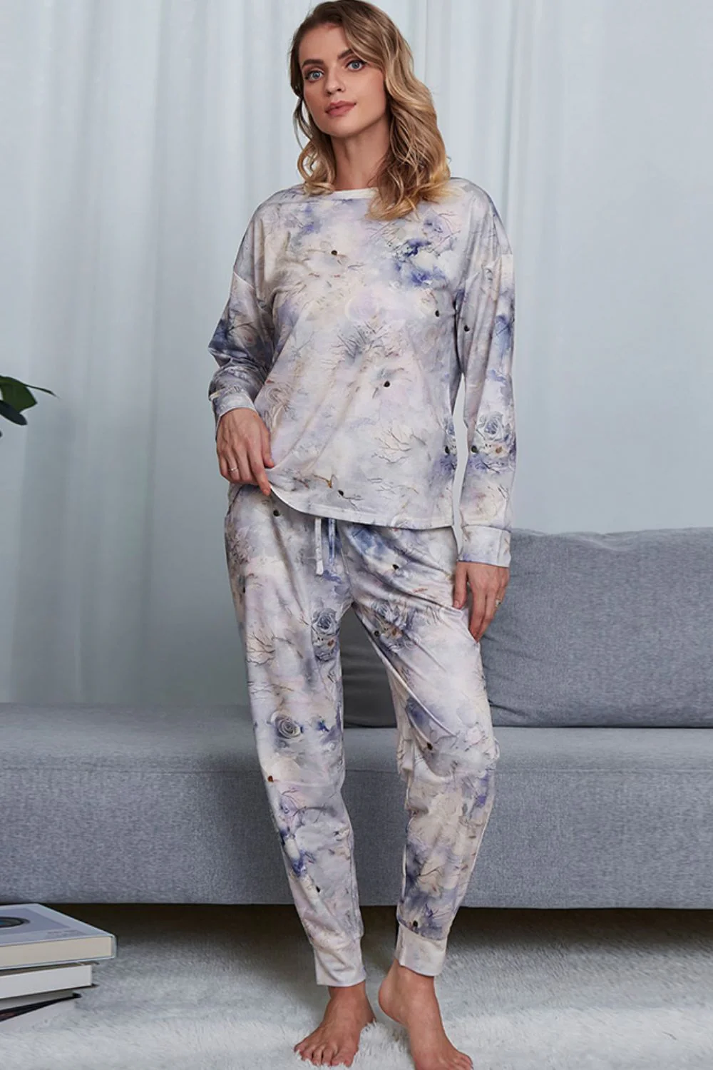 Shiny Tie-Dye Crewneck Top and Drawstring Waist Joggers Lounge Set - Image 16