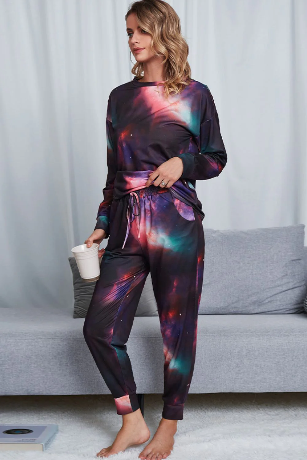 Shiny Tie-Dye Crewneck Top and Drawstring Waist Joggers Lounge Set - Image 2