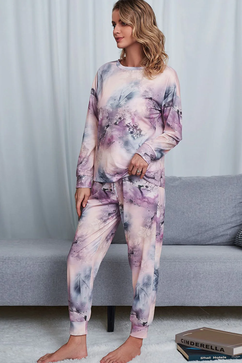 Shiny Tie-Dye Crewneck Top and Drawstring Waist Joggers Lounge Set - Image 20