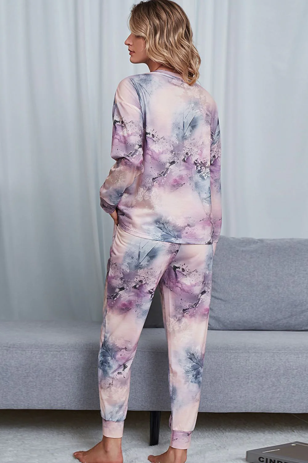 Shiny Tie-Dye Crewneck Top and Drawstring Waist Joggers Lounge Set - Image 21