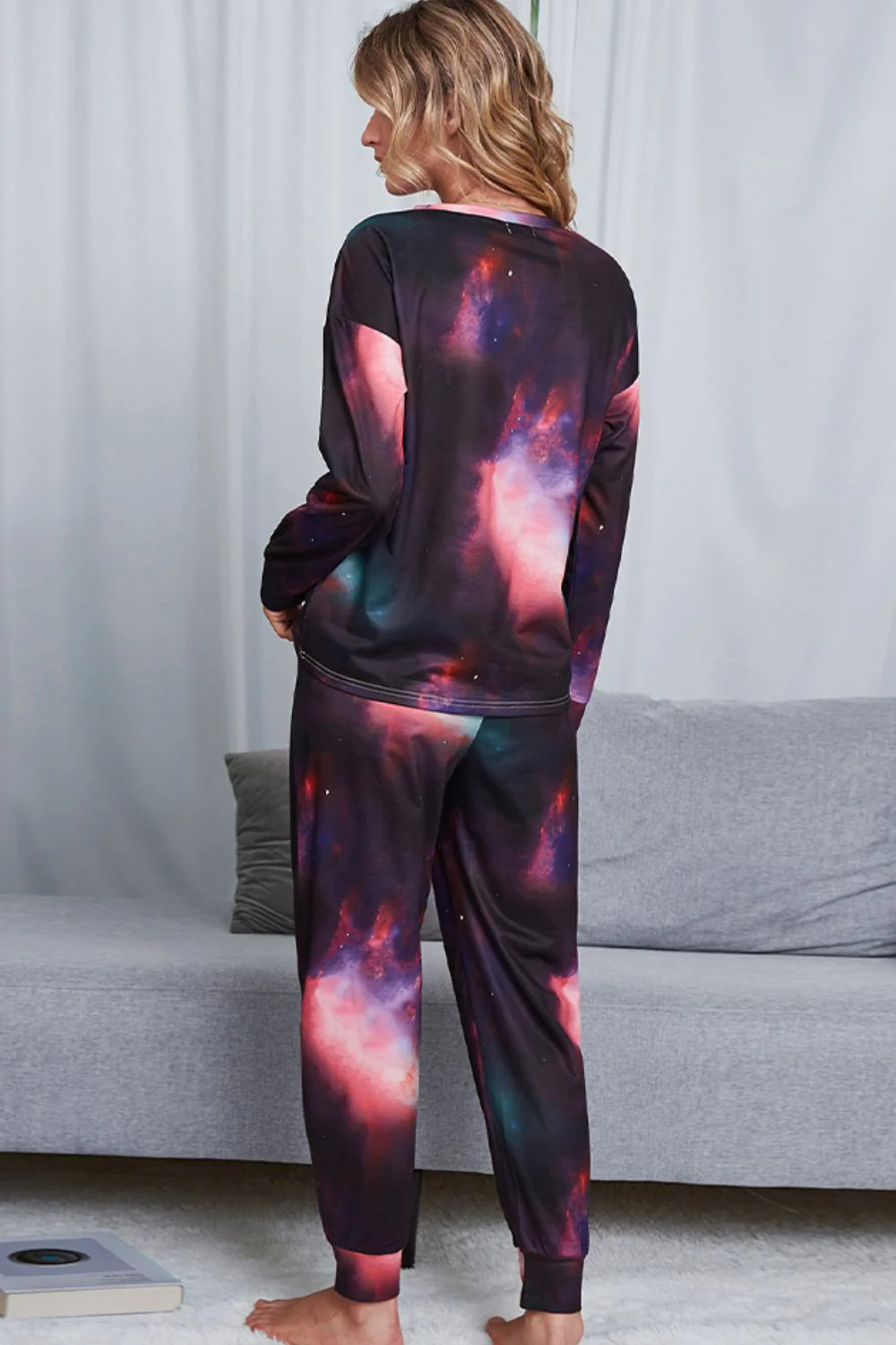 Shiny Tie-Dye Crewneck Top and Drawstring Waist Joggers Lounge Set - Image 3