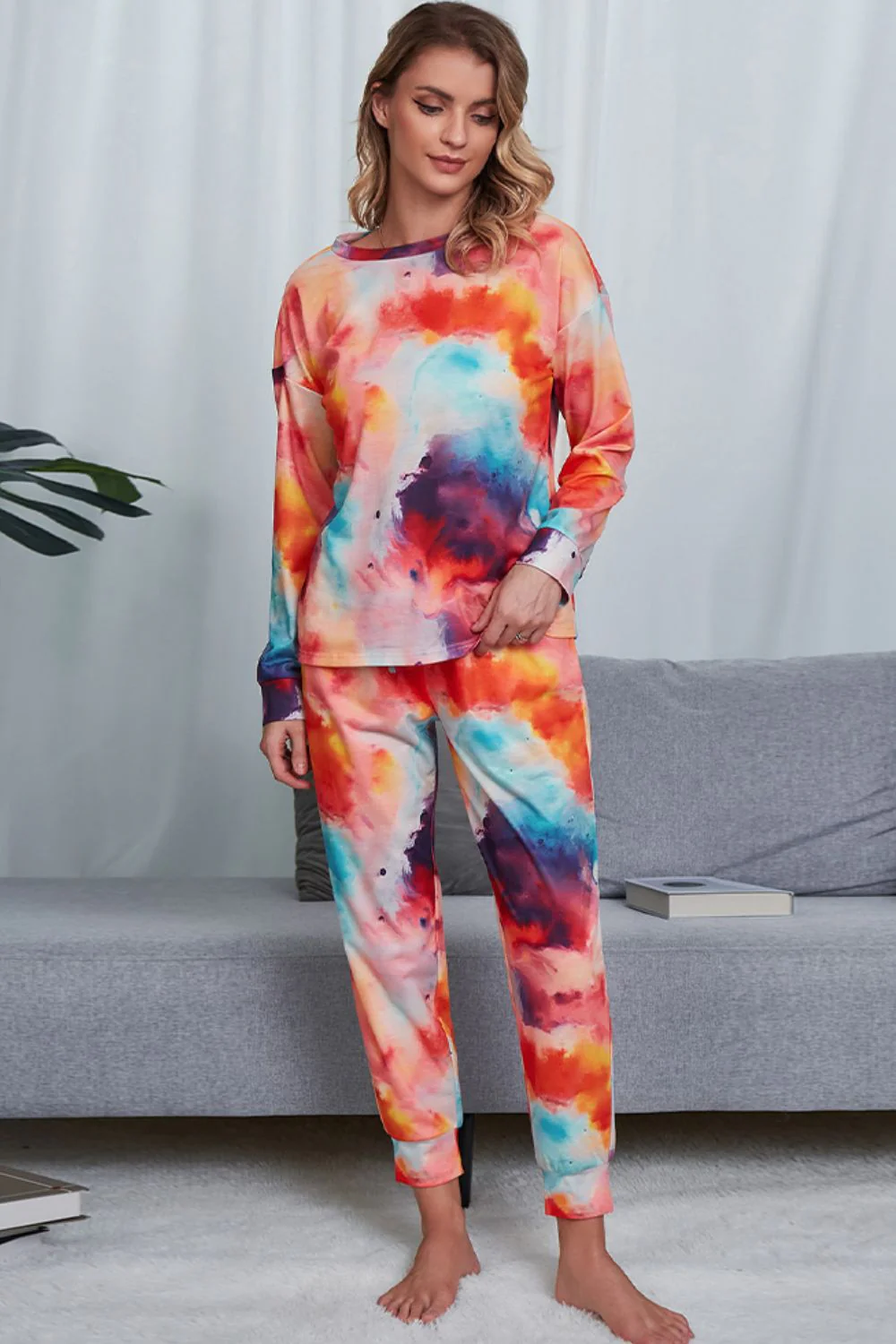 Shiny Tie-Dye Crewneck Top and Drawstring Waist Joggers Lounge Set - Image 5
