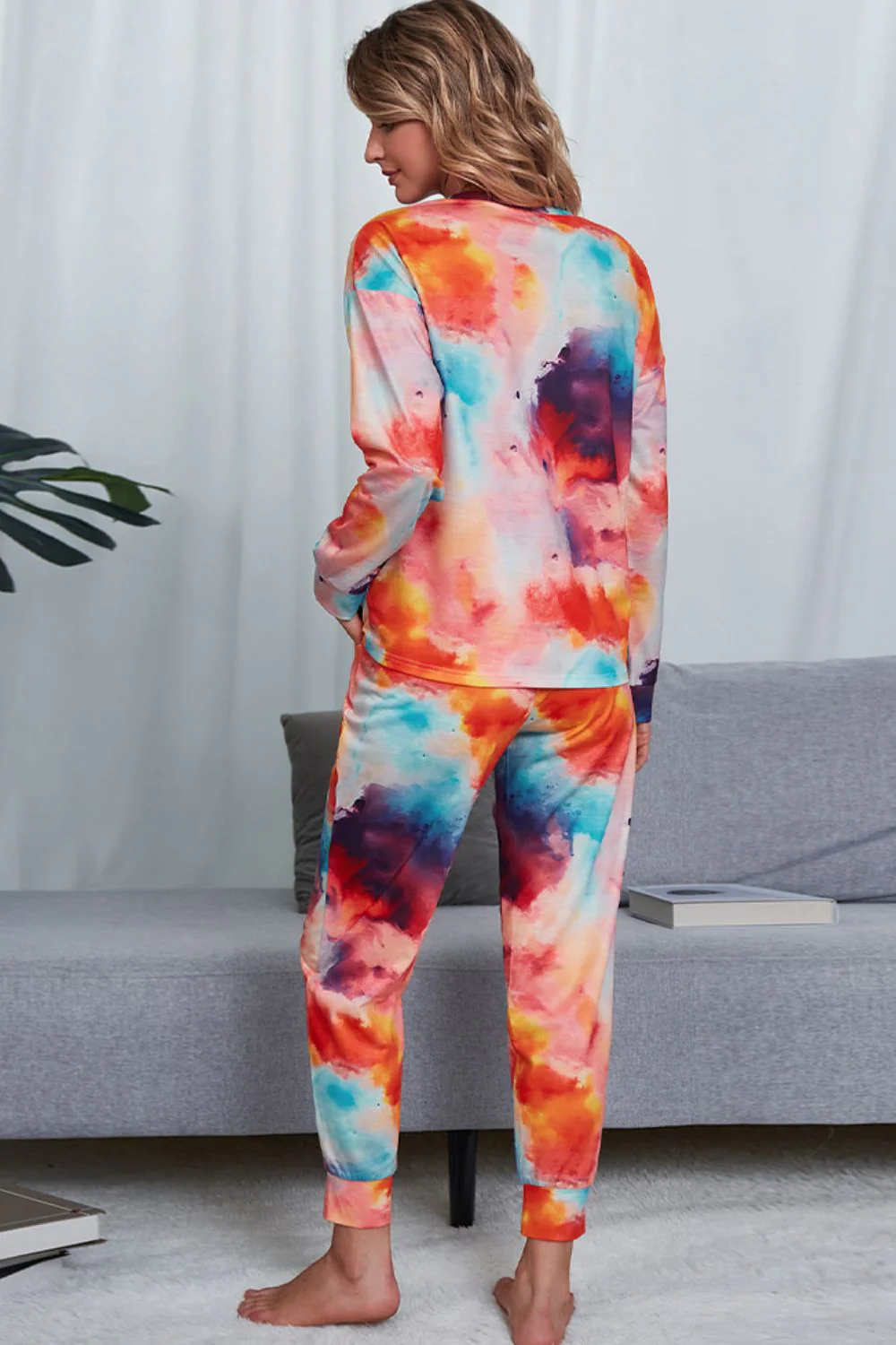 Shiny Tie-Dye Crewneck Top and Drawstring Waist Joggers Lounge Set - Image 6