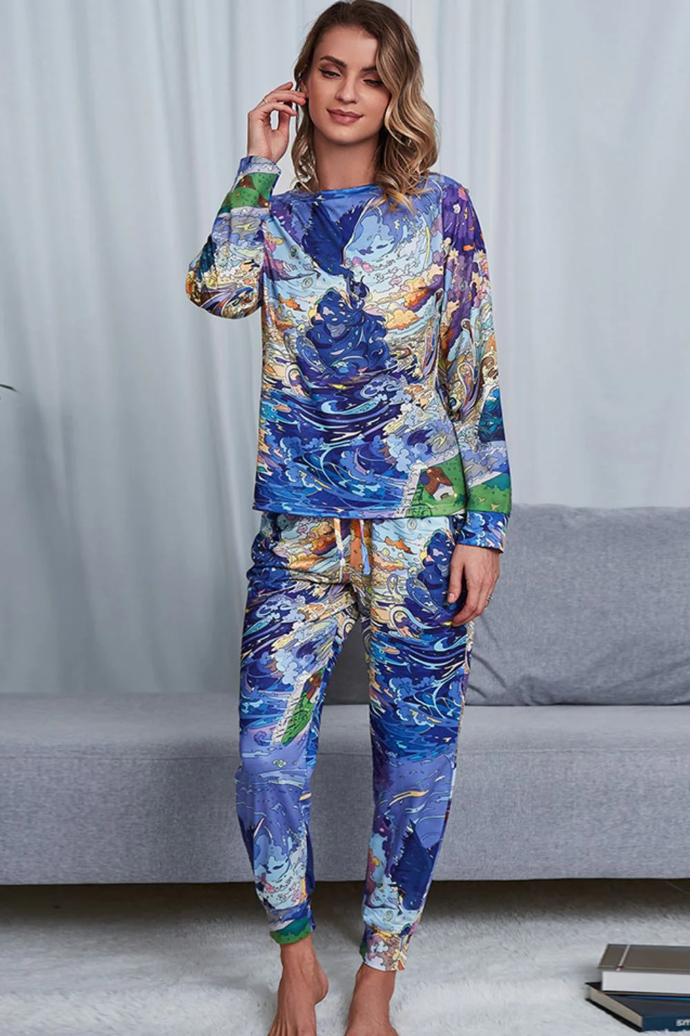 Shiny Tie-Dye Crewneck Top and Drawstring Waist Joggers Lounge Set - Image 7