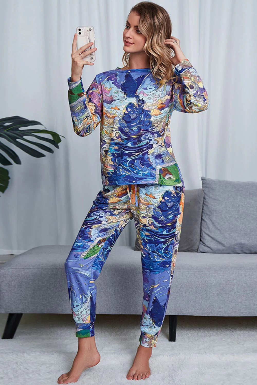 Shiny Tie-Dye Crewneck Top and Drawstring Waist Joggers Lounge Set - Image 8