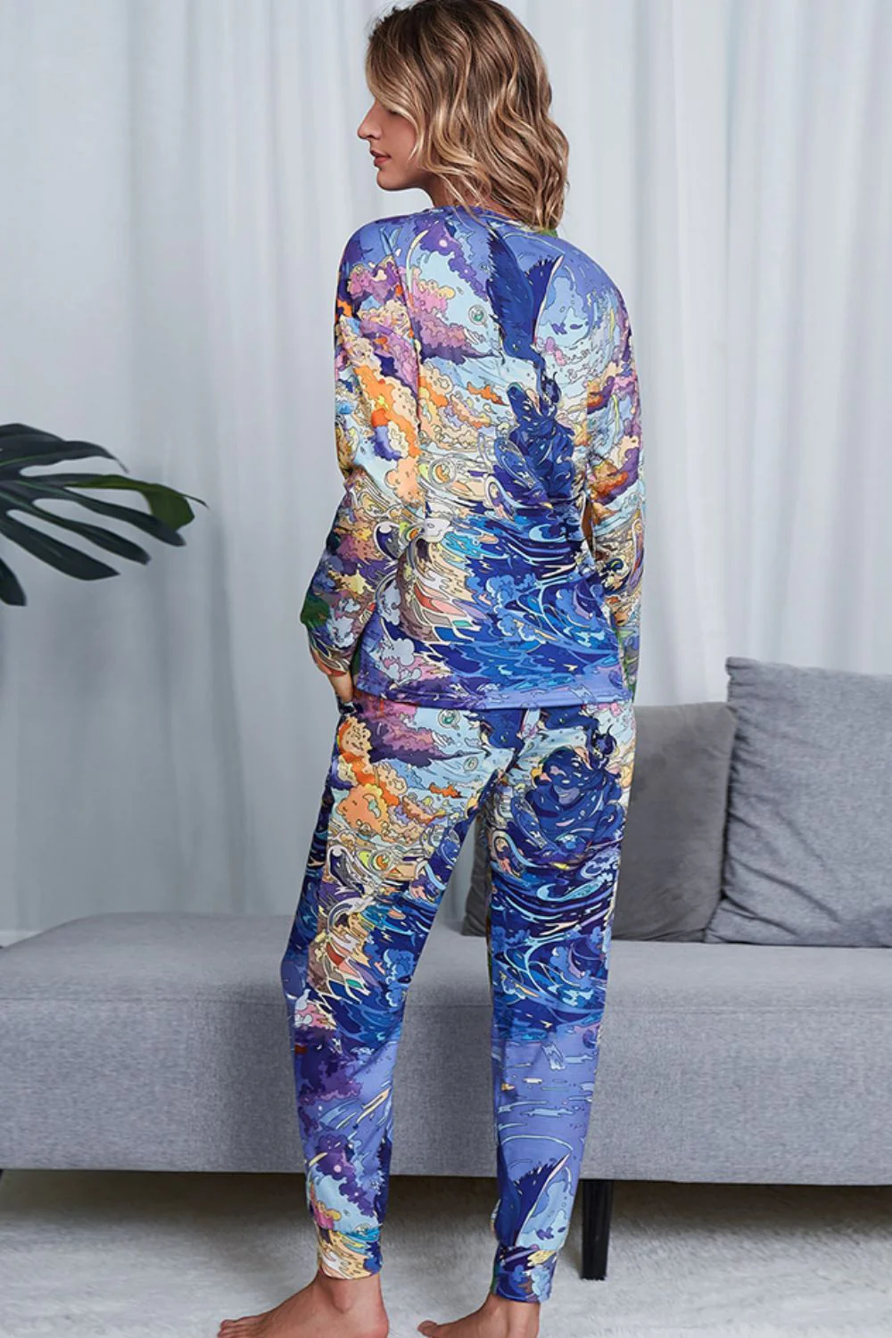 Shiny Tie-Dye Crewneck Top and Drawstring Waist Joggers Lounge Set - Image 9