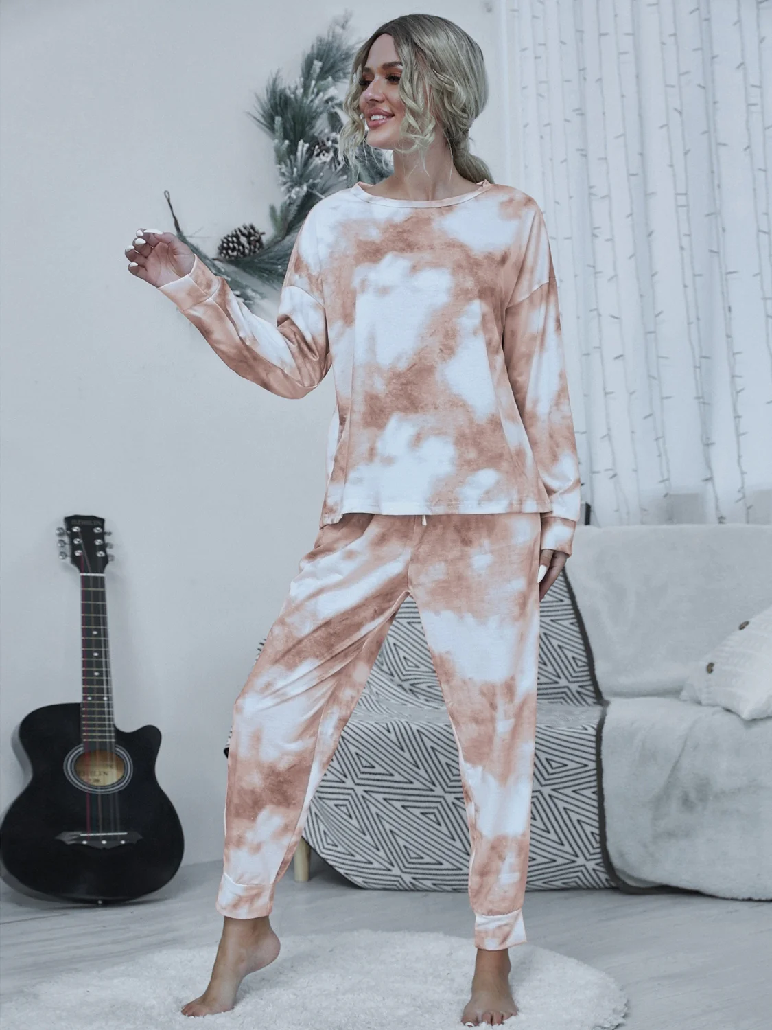 Shiny Tie-dye Round Neck Top and Drawstring Pants Lounge Set - Image 11