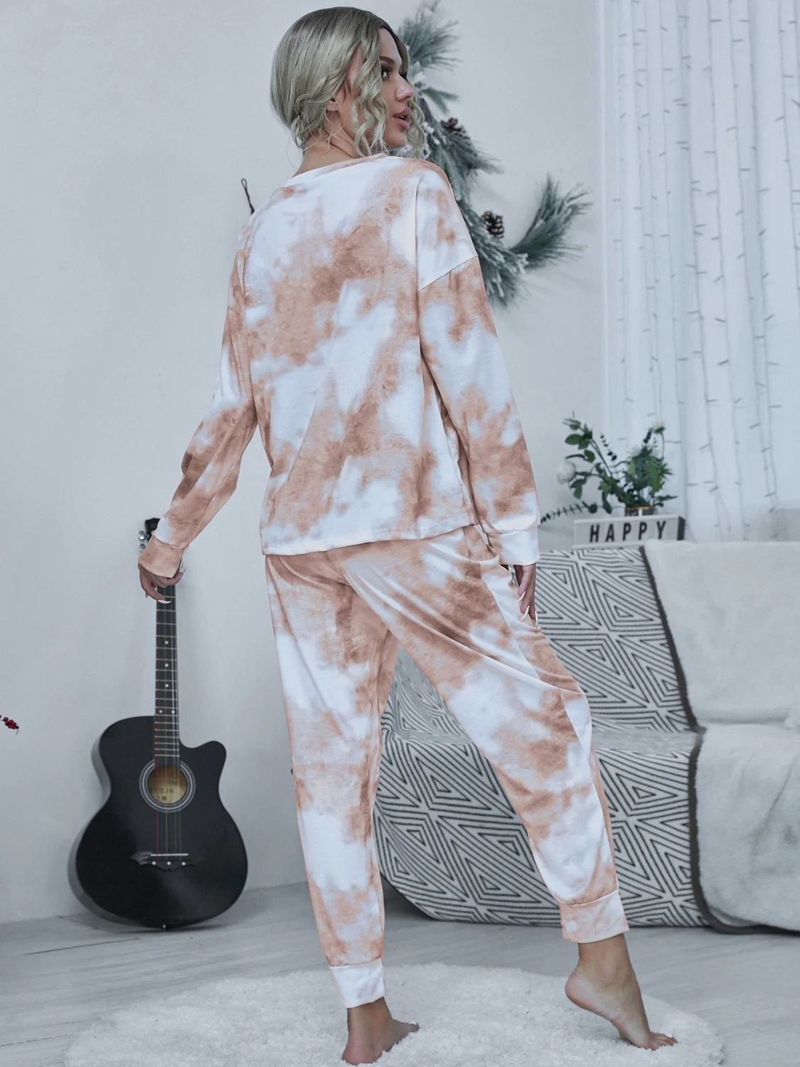 Shiny Tie-dye Round Neck Top and Drawstring Pants Lounge Set - Image 12