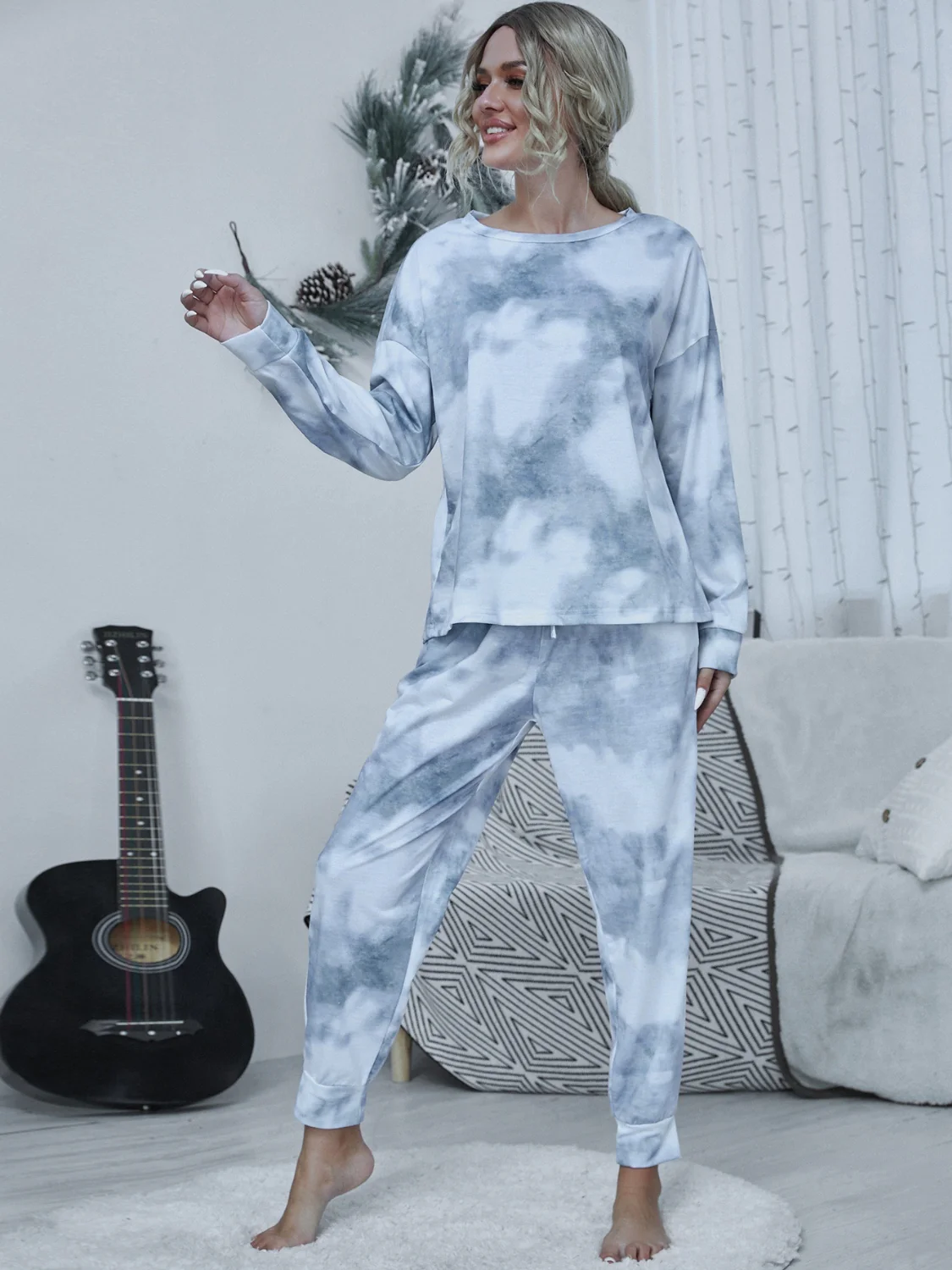 Shiny Tie-dye Round Neck Top and Drawstring Pants Lounge Set - Image 3