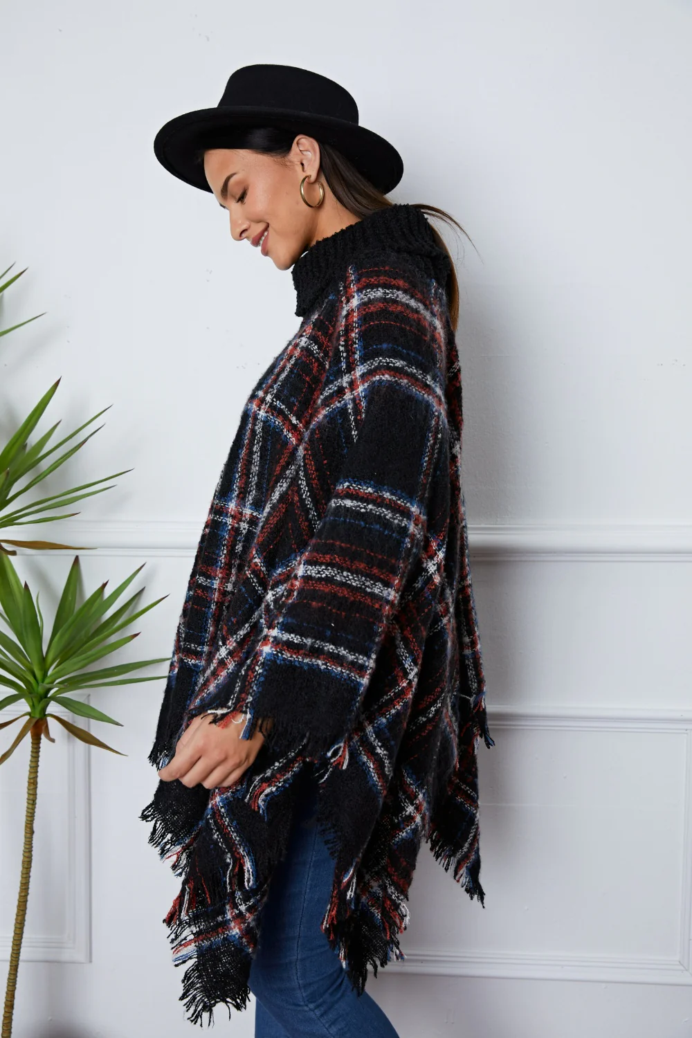 Shiny Turtleneck Plaid Raw Hem Sweater - Image 4
