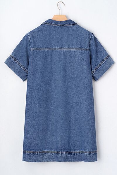 Short Sleeve Collared Patched Pocket Denim Mini Dress - Image 15
