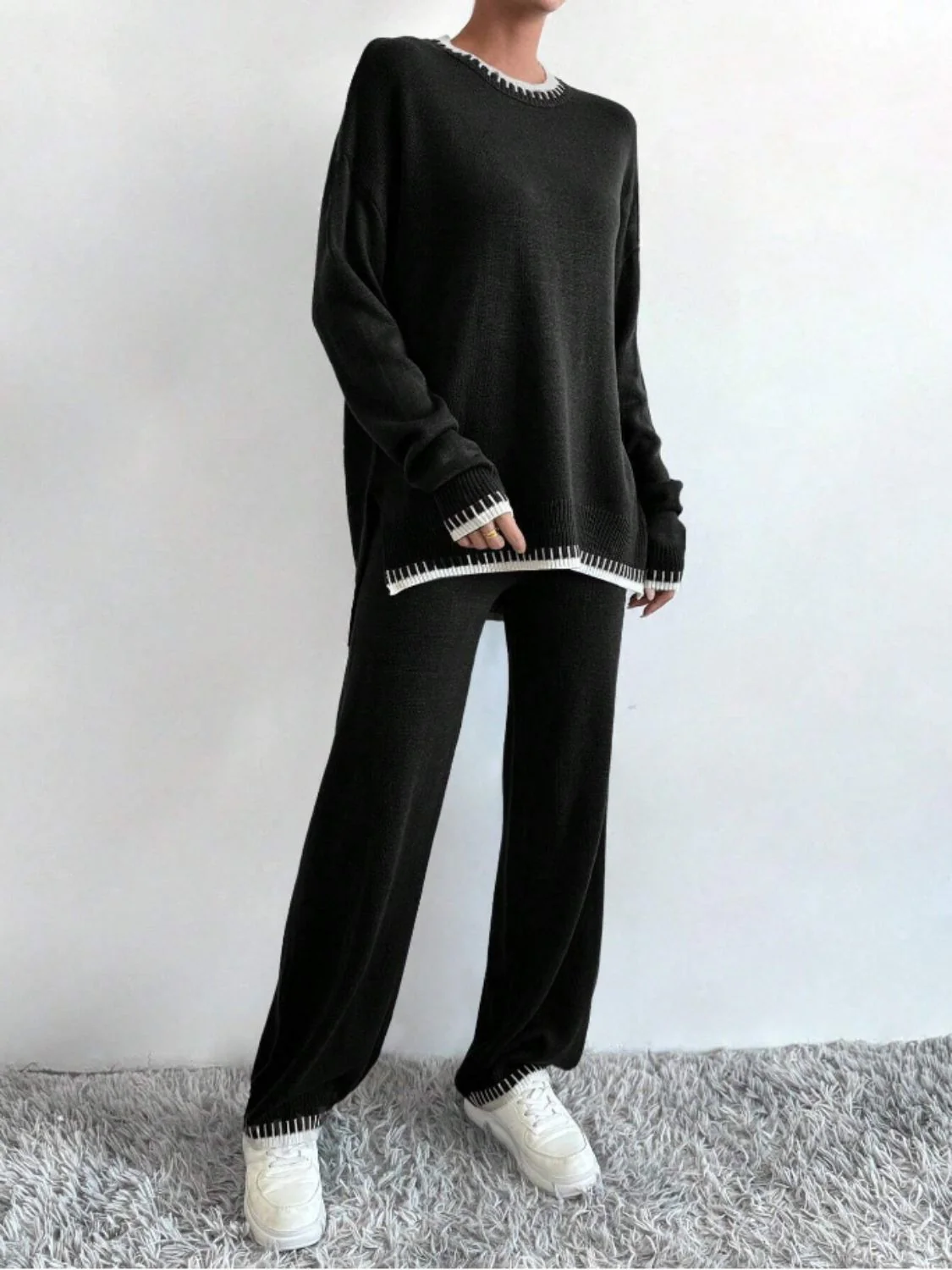 Side Slit Contrast Trim Round Neck Top and Pants Sweater Set - Image 3
