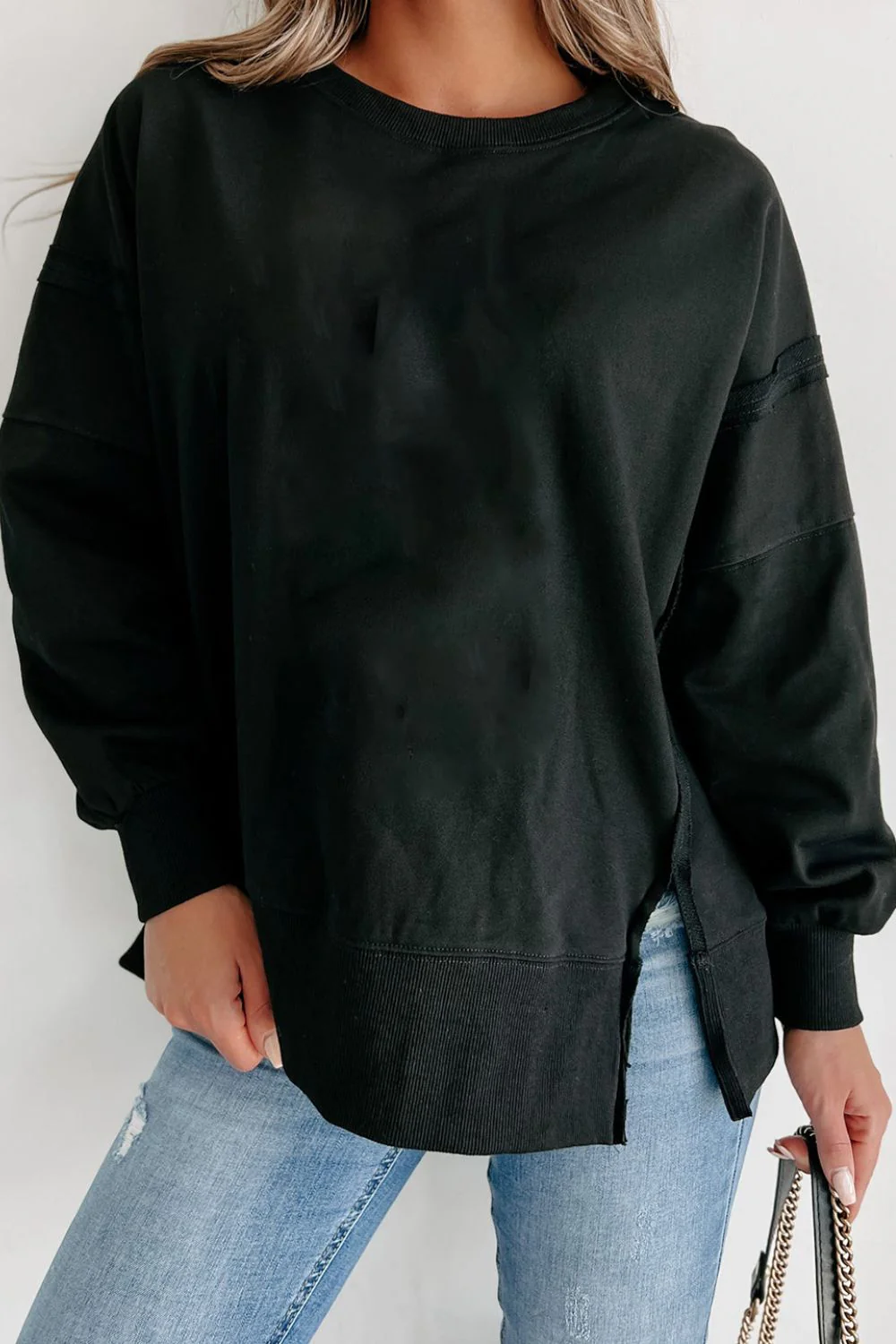 Side Slit Round Neck Long Sleeve Sweatshirt - Image 20