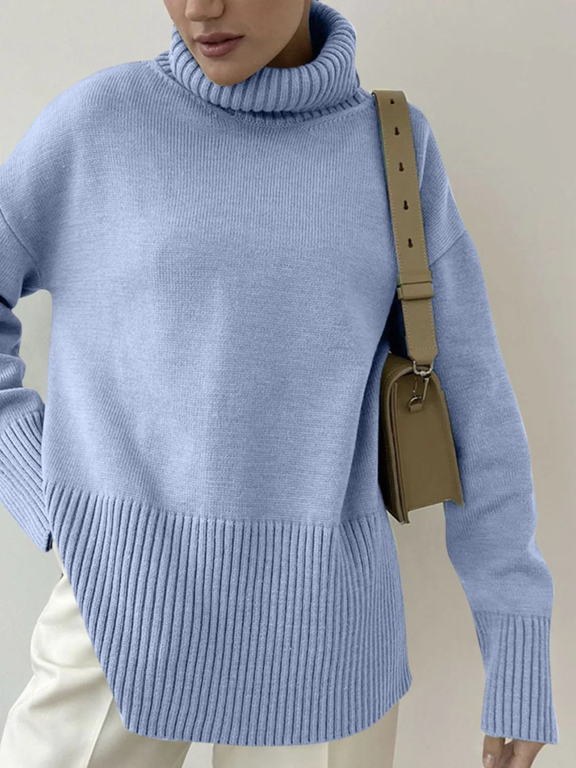 Side Slit Turtleneck Drop Shoulder Sweater - Image 26